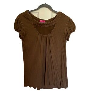 BCBGirls BROWN FLOWY SHORT SLEEVE TOP SHIRT WITH MESH DETAIL SIZE MEDIUM
